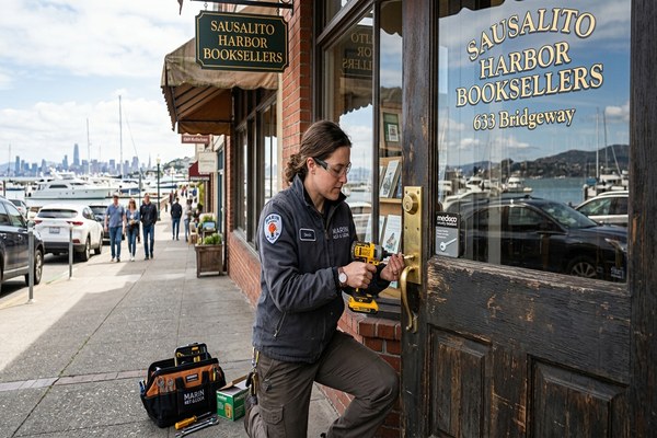 Commercial locksmith working on a Sausalito boutique storefront lock