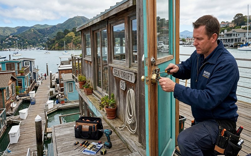 Sausalito houseboat community at Gates of the Bay with waterfront docks